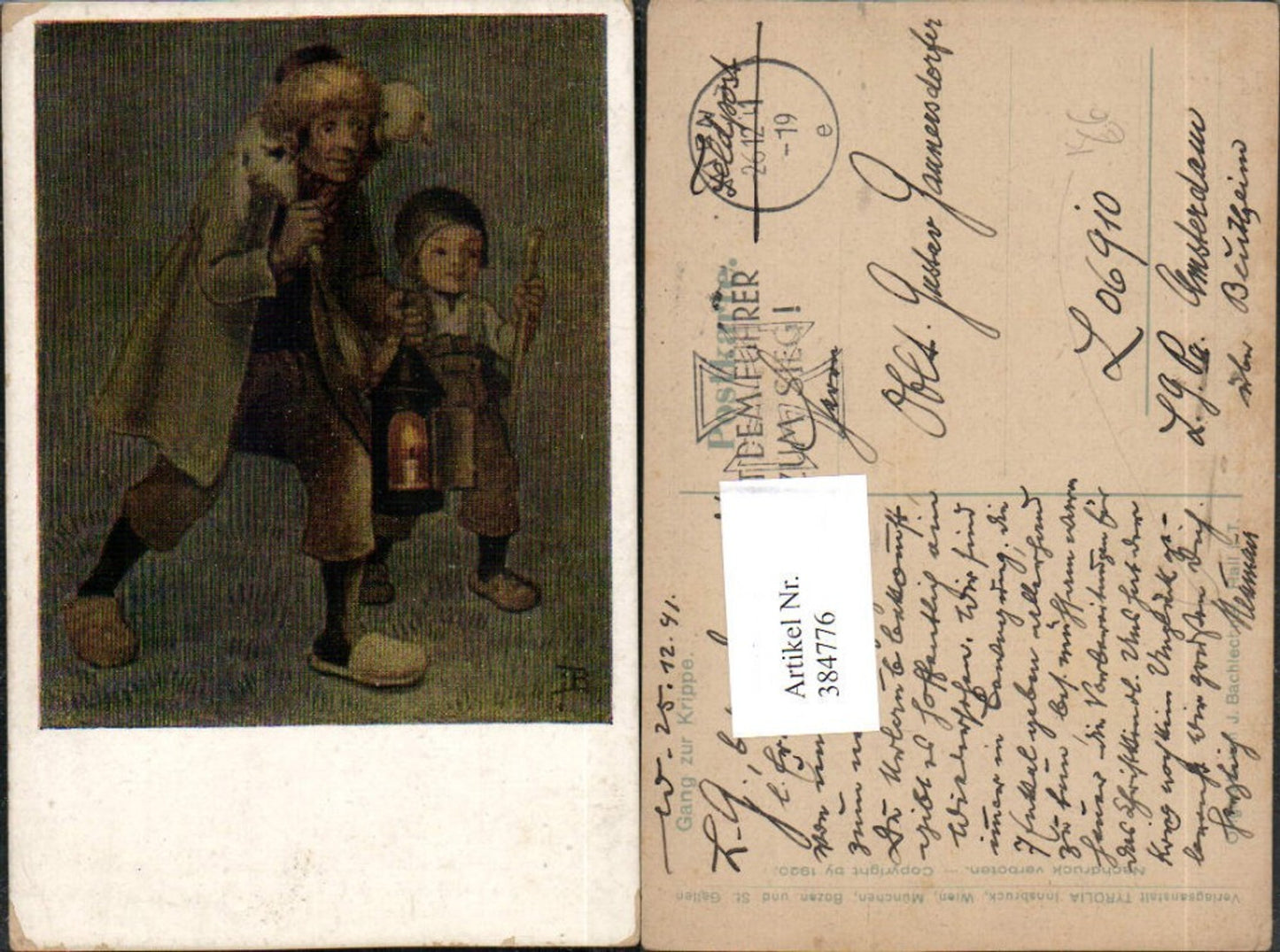 384776,Künstler AK J. Bachlechner Gang zur Krippe Mann m. Kind Lamm Laterne