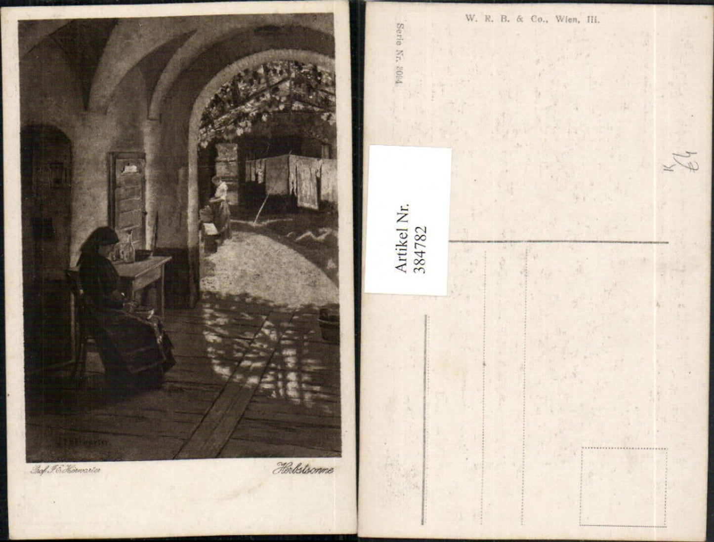384782,Künstler AK J. E. Horwarter Herbstsonne Frau Stuhl Hof
