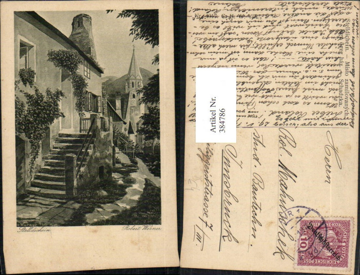 384786,Künstler AK Robert Werner Stelldichein Haus Partie Stiege Kirche