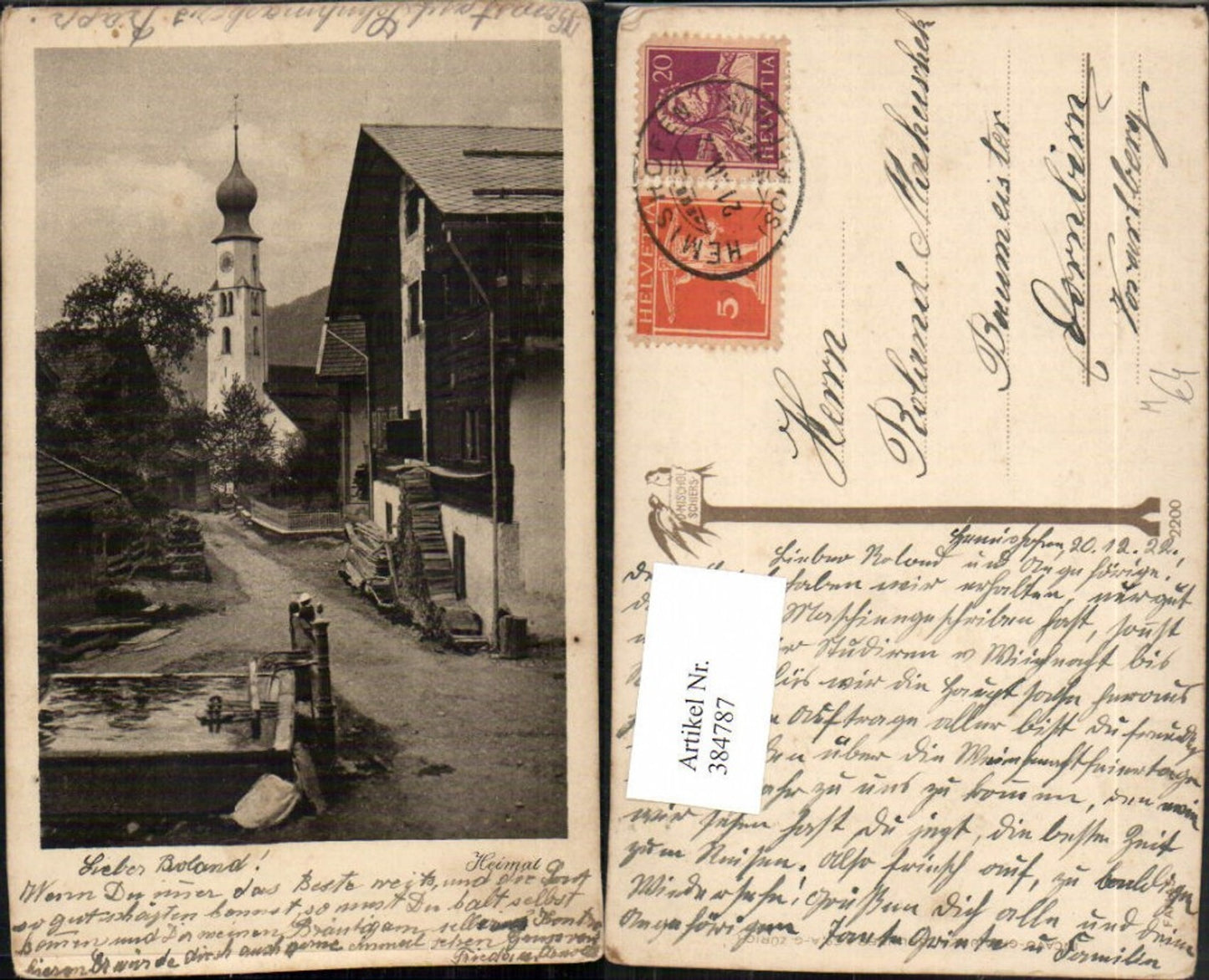 384787,Künstler AK Heimat Dorf Haus Brunnen Kirche