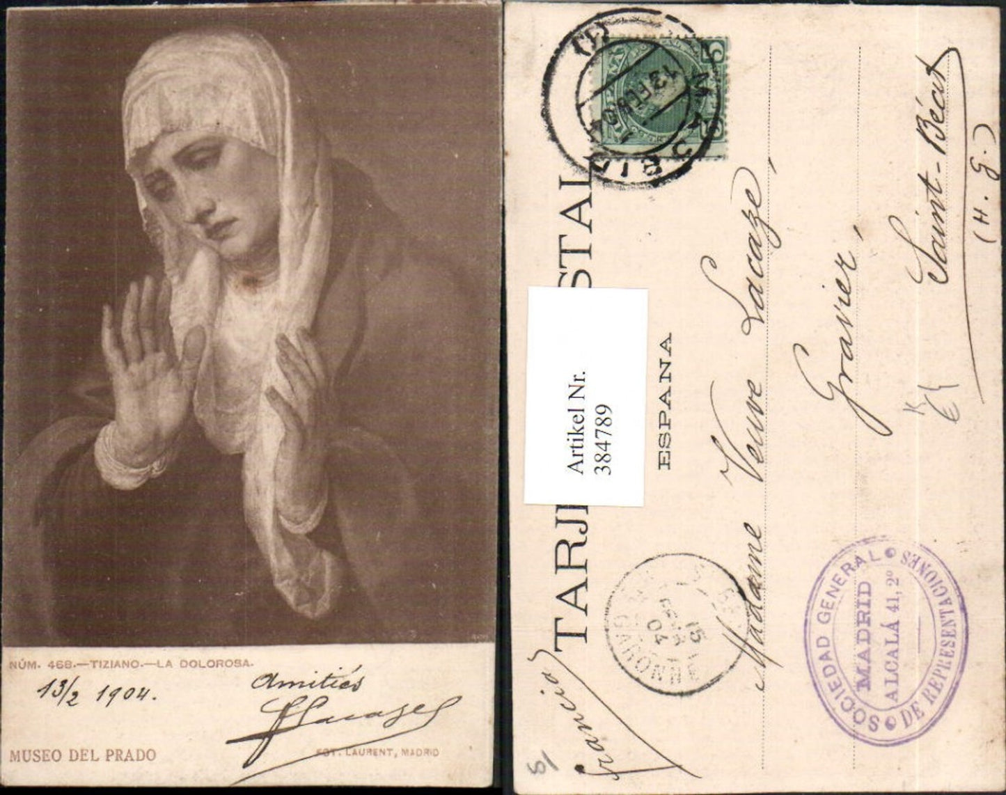 384789,Künstler AK Tiziano Museo del Prado  La Dolorosa Frau Portrait