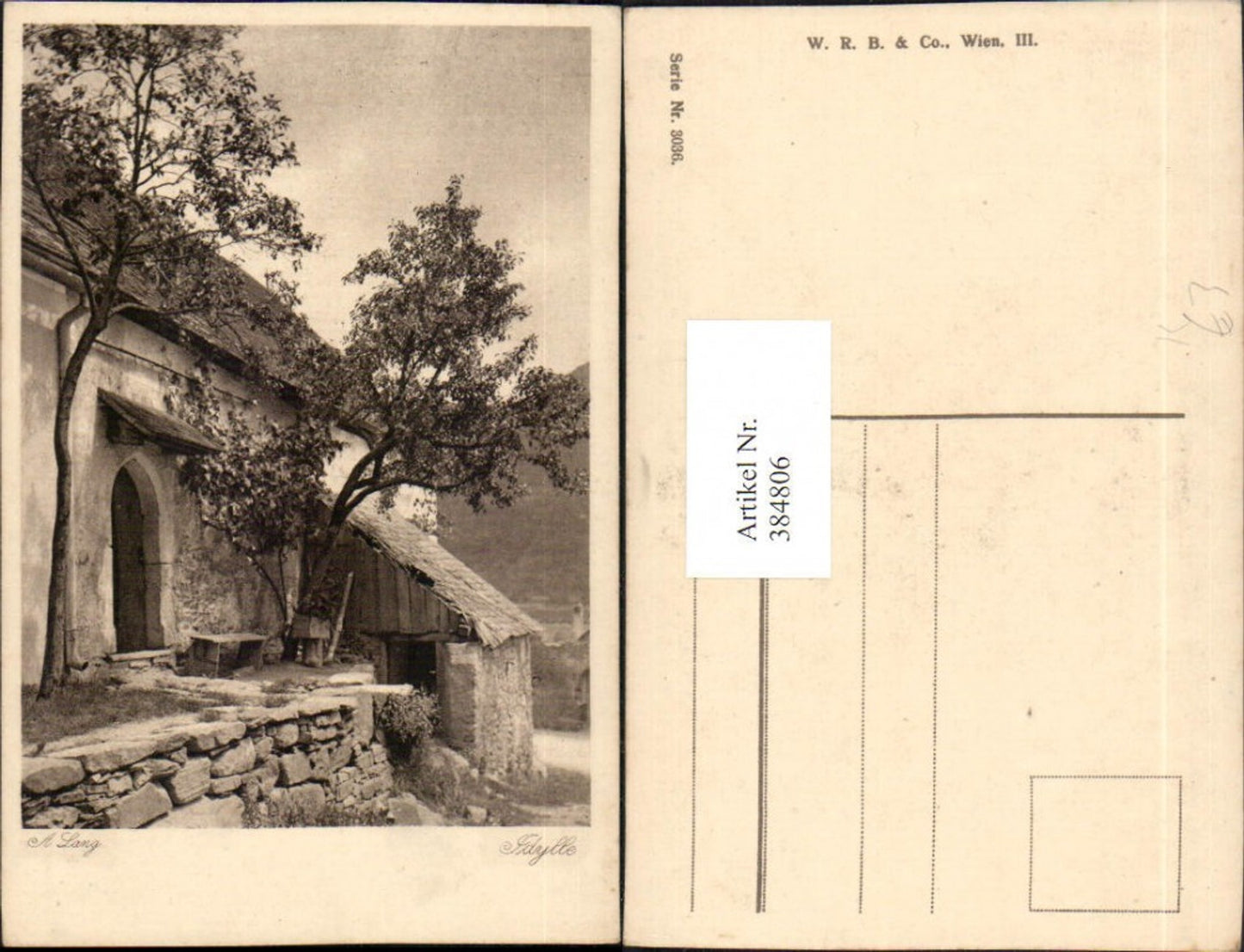 384806,Künstler AK A. Lang Idylle Haus Motiv Bäume