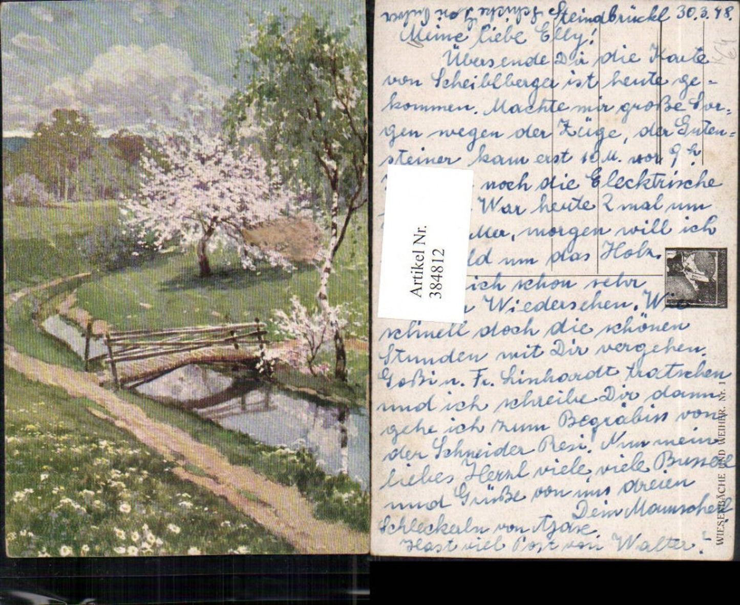 384812,Künstler AK Wiesenbäche und Weiher Landschaft Bach Brücke