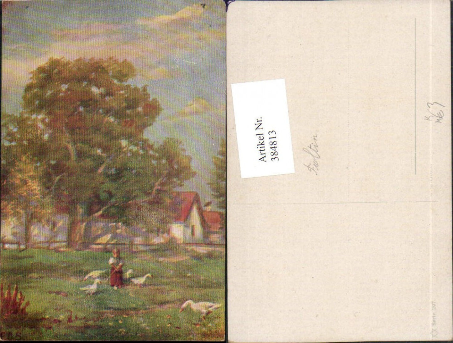 384813,Künstler AK Landschaft Haus Bäume Kind Gänse