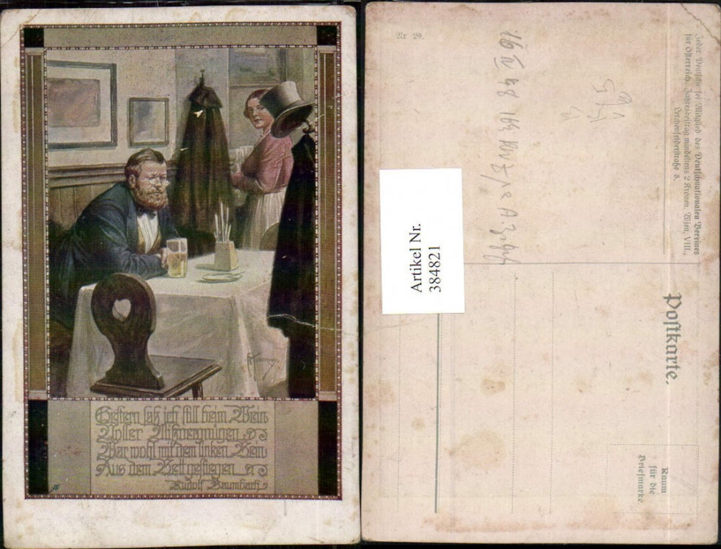 384821, Artist AK F. Kuderna, man with glasses, wine pub, German National Association for Austria