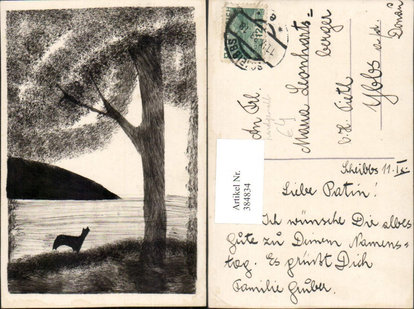 384834, Artist AK Hand-painted Sea Shore Tree Dog