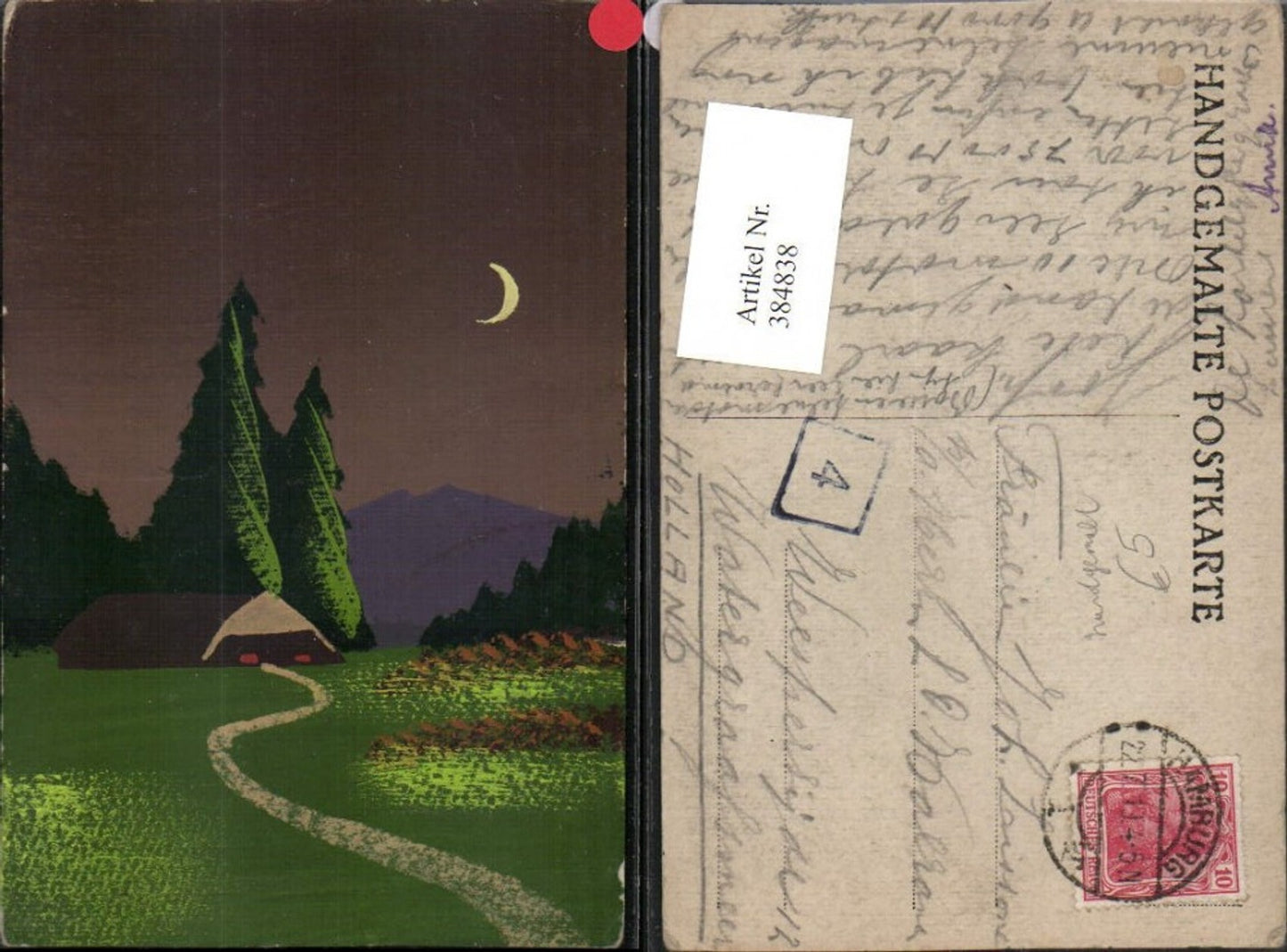 384838,Künstler AK Handgemalt Landschaft Haus Wald Bergkulisse Mond Sichel