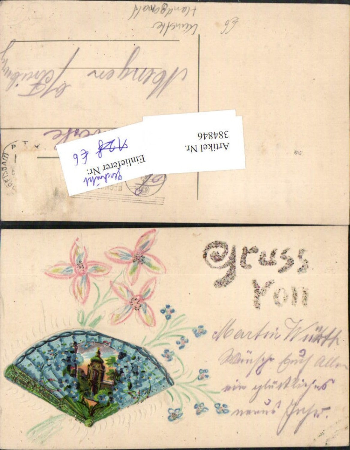 384846,Künstler AK Handgemalt geschnitzt Kirche Fächer Blumen