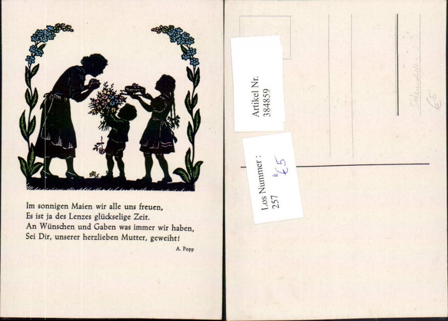 384859,Künstler AK Scherenschnitt Silhouette Frau Mutter Kinder Blumen Torte Spruch