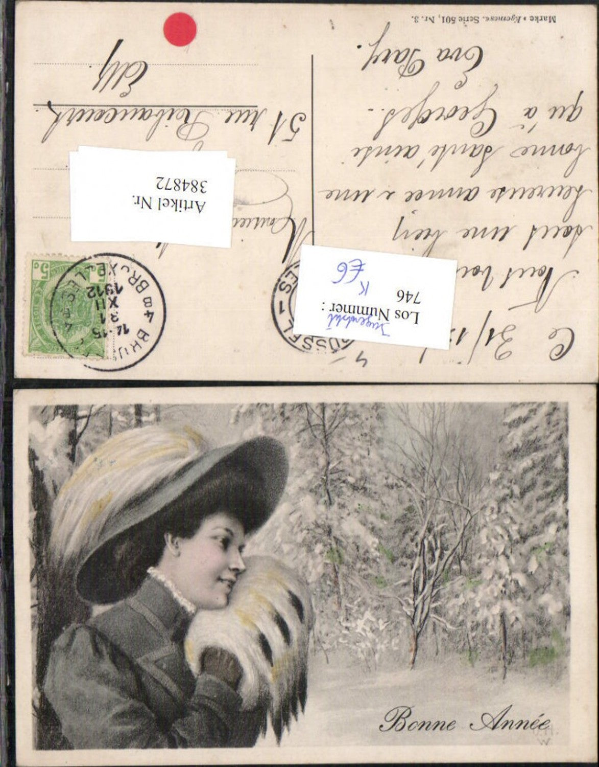 384872,Künstler AK Jugendstil Neujahr Frau m. Hut Hutmode Muff Winterwald
