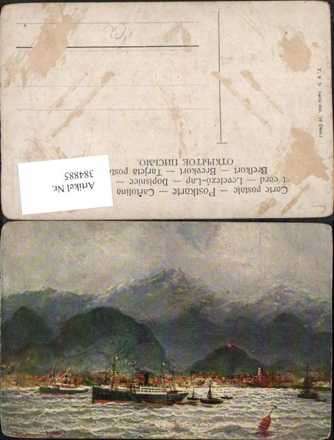 384885,Theo Stroefer 615 Künstlerkarte Stadt Teilansicht Dampfer Bergkulisse