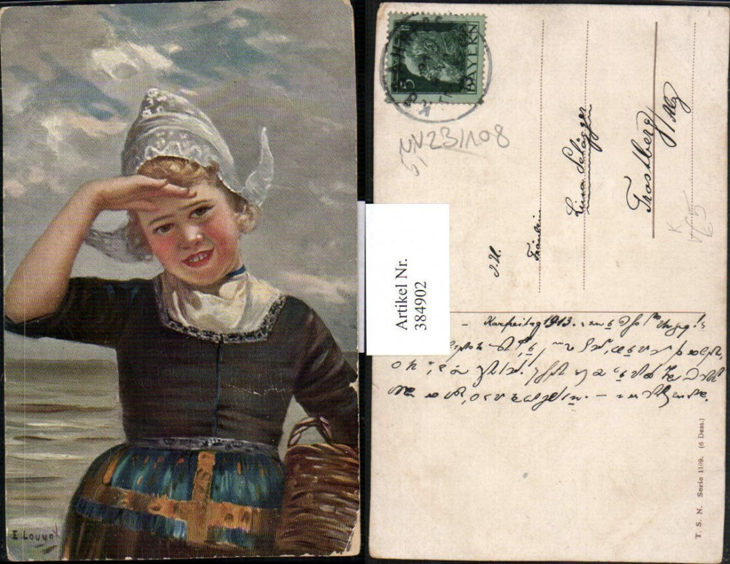 384902,Theo Stroefer 1109 Künstler E. Louyot Holländisches Kind Haube Korb