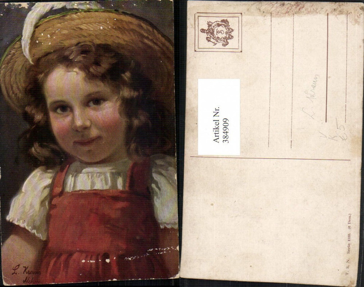 384909,Theo Stroefer 1133 Künstler L. Kraus Mädchen m. Federhut Hut Portrait