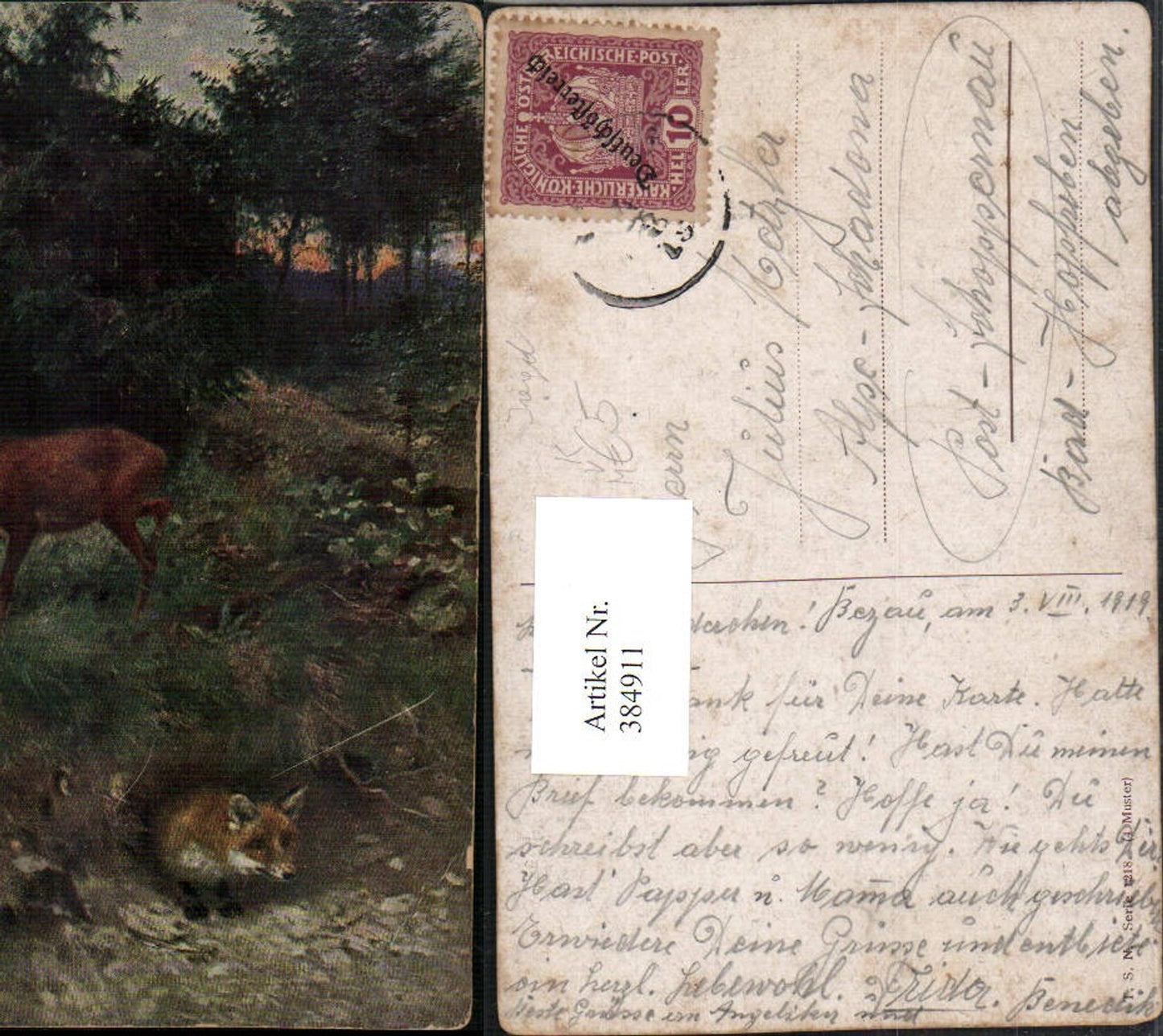 384911,Theo Stroefer 1218 Künstlerkarte Rehbock Fuchs Jagd