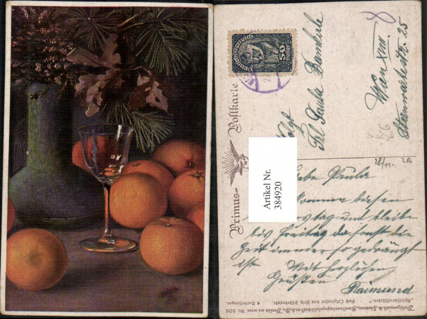 384920,Primus AK 506 Künstler Fritz Hildebrandt Apfelsinenstillleben Orangen Glas