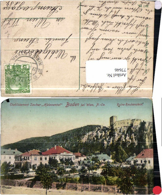 77646,Baden b. Wien Etablissement Sacher Helenental Ruine Rauhenstein