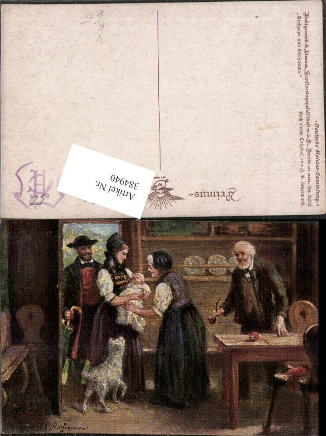 384940,Primus AK 3210 Künstler A. Heyermans Großpapa u. Großmama Besucht Baby Hund