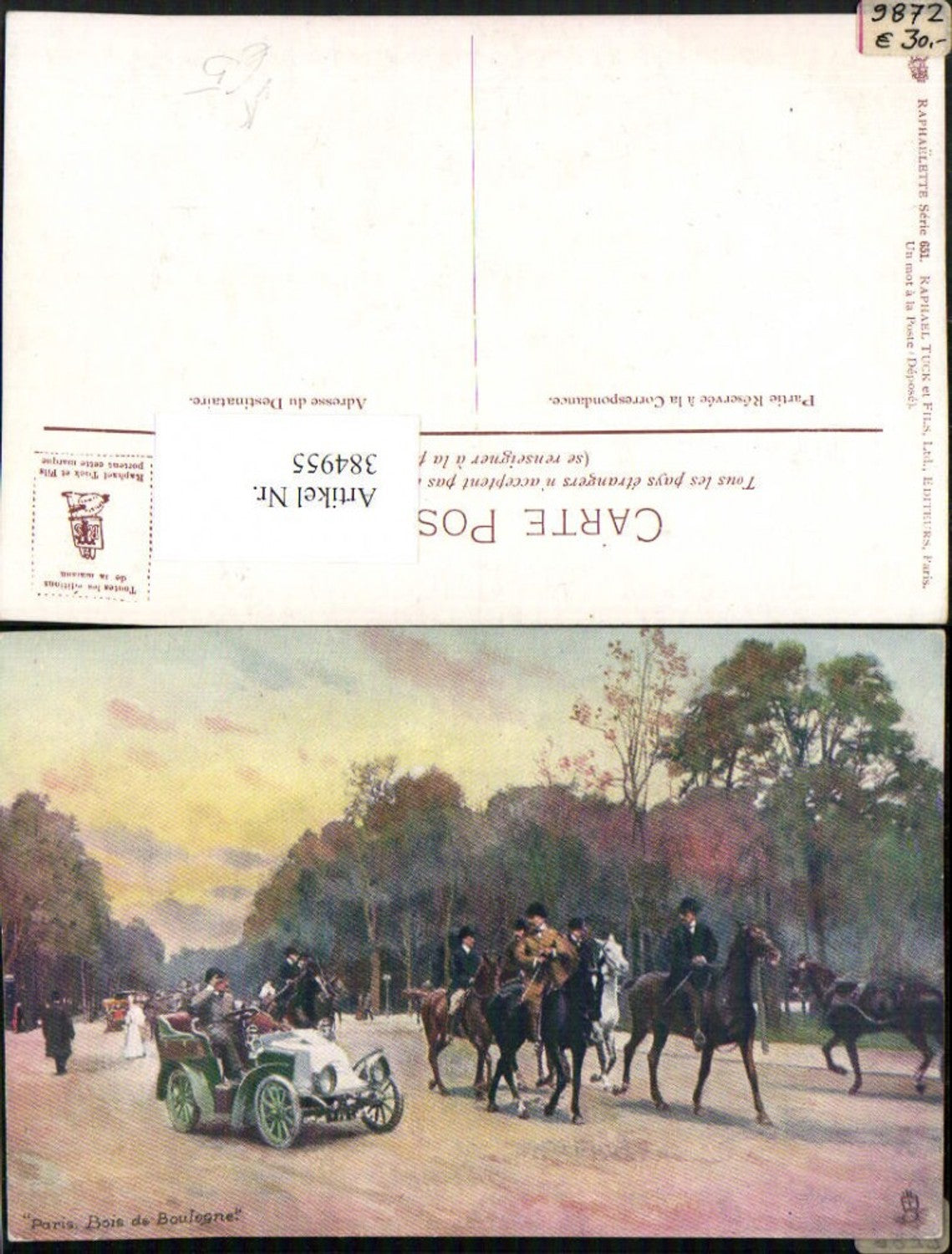 384955,Raphael Tuck & Sons 651 Künstlerkarte Paris Bois du Boulogne Pferde Automobil