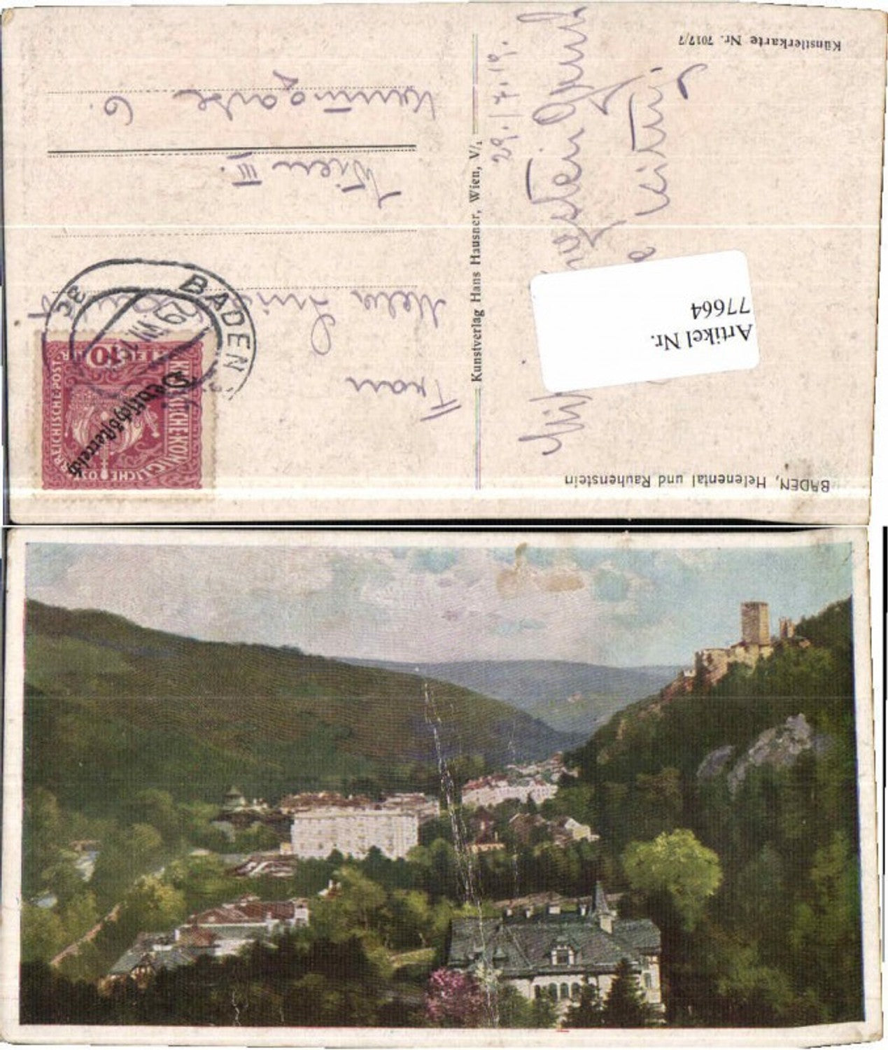 77664,Baden bei Wien Helenental Rauhenstein Künstlerkarte