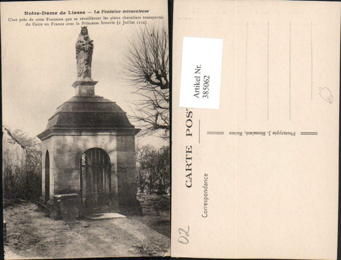 385062,Picardie Aisne Notre-Dame de Liesse La Fontaine miraculeuse Brunnen Statue