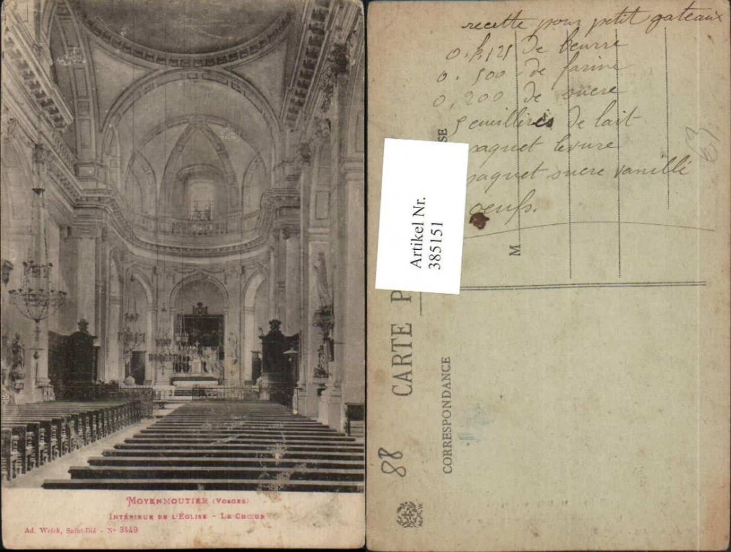 385151,Lothringen Vosges Moyenmoutier Interieur de l'Eglise Le Choeur Kirche Chor