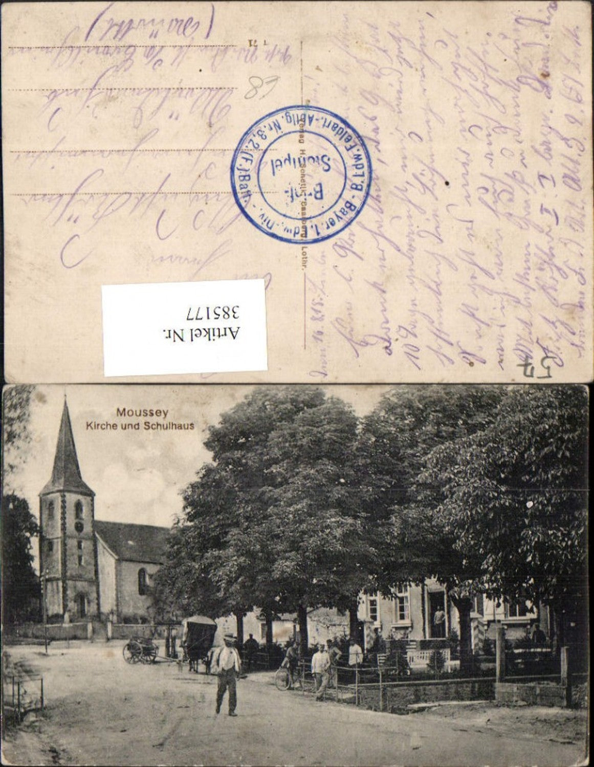 385177,Lothringen Moselle Moussey Kirche u. Schulhaus Straßenansicht