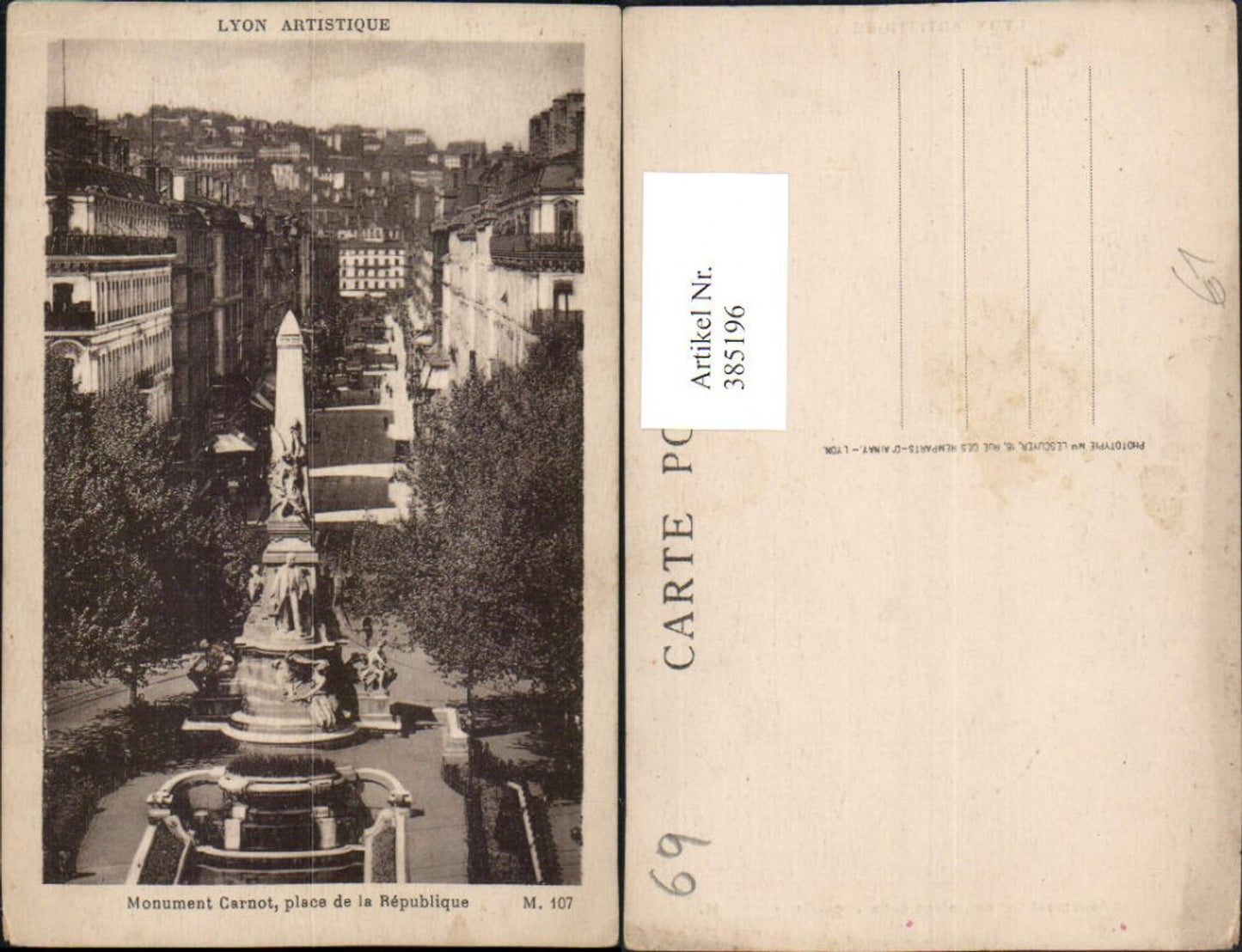 385196,Rhone-Alpes Rhone Lyon Monument Carnot place de la Republique Säule