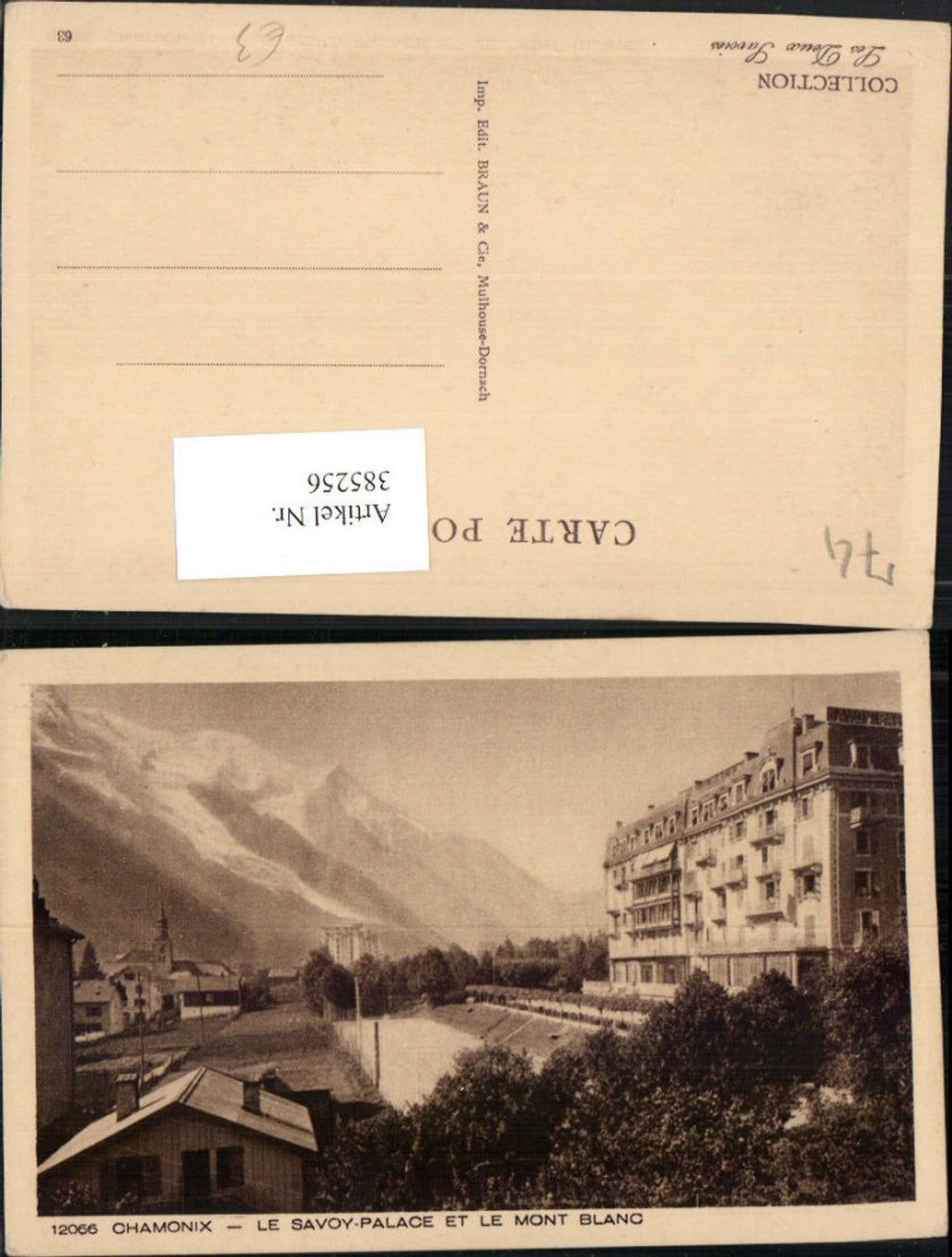 385256,Rhone-Alpes Haute-Savoie Chamonix Le Savoy-Palace et le Mont Blanc Bergkulisse