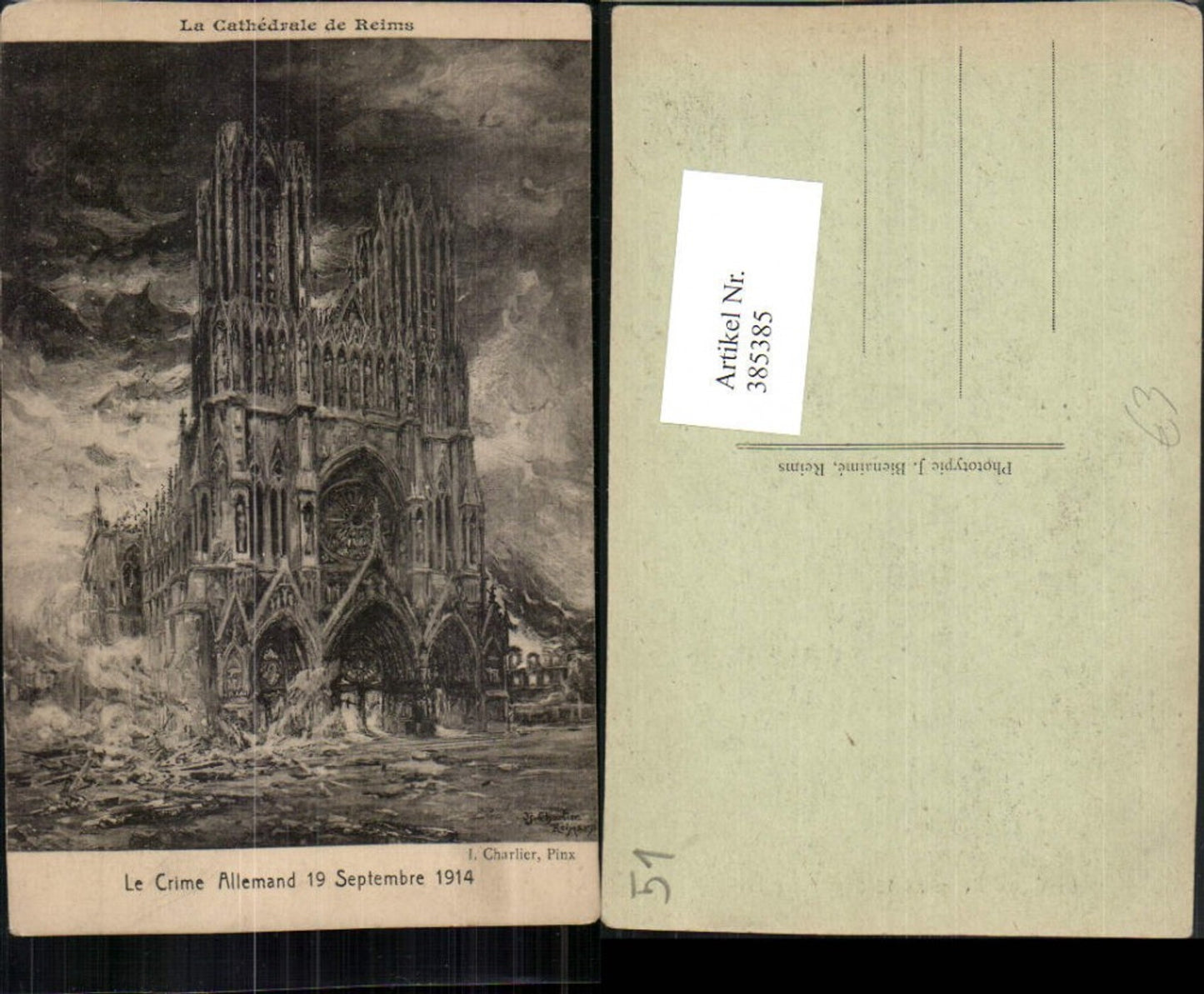 385385,Künstler AK I. Charlier Champagne-Ardenne Marne Reims Cathedrale Kirche Zerstörung