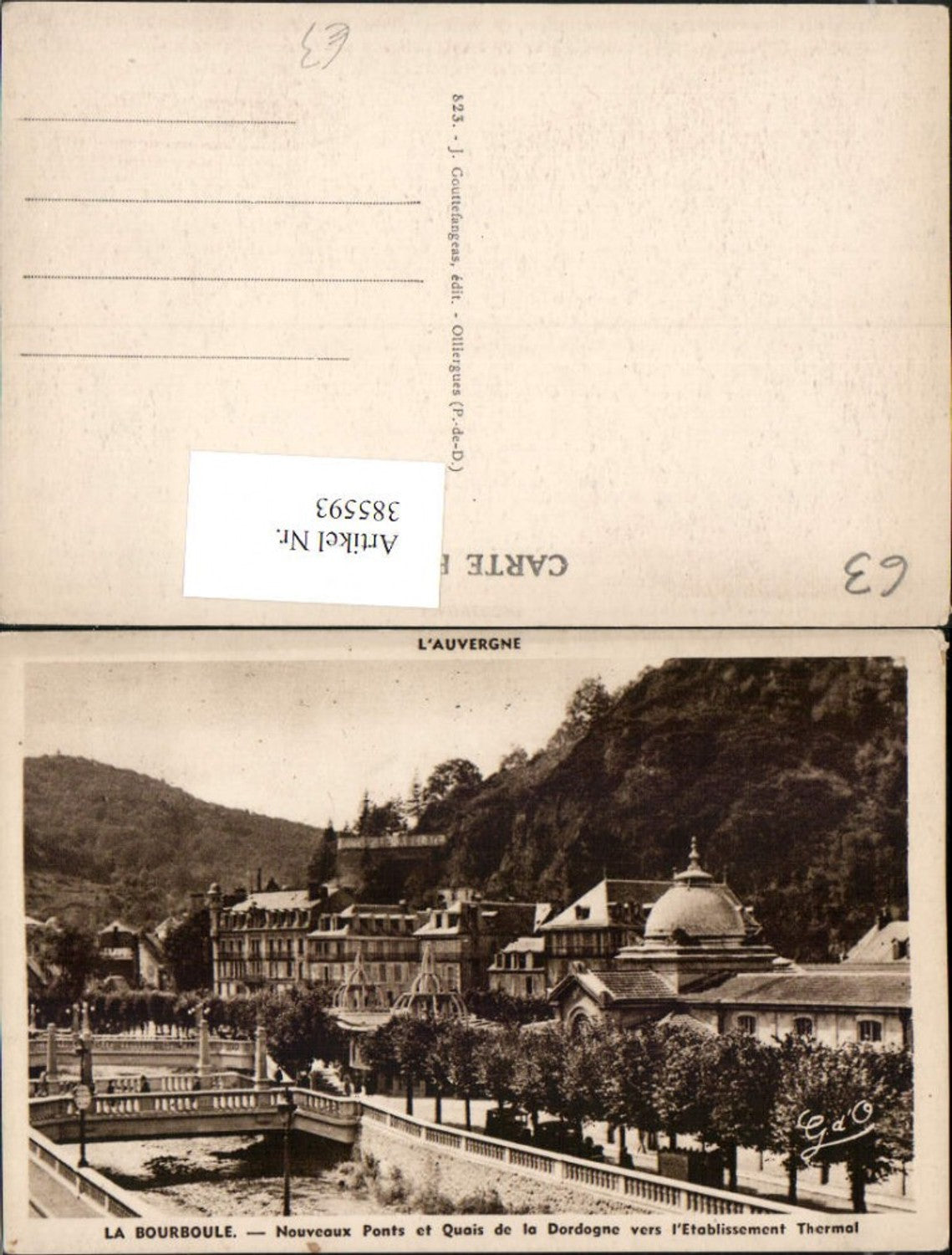 385593,Auvergne Puy-de-Dome La Bourboule Ponts Quais Dordogne vers Etablissement Thermal