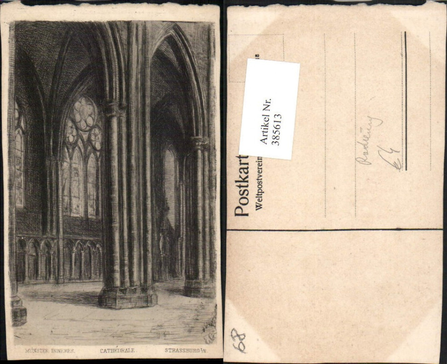 385613,Künstler AK Radierung Elsass Bas-Rhin Straßburg Strasbourg Cathedrale Münster Innenansicht