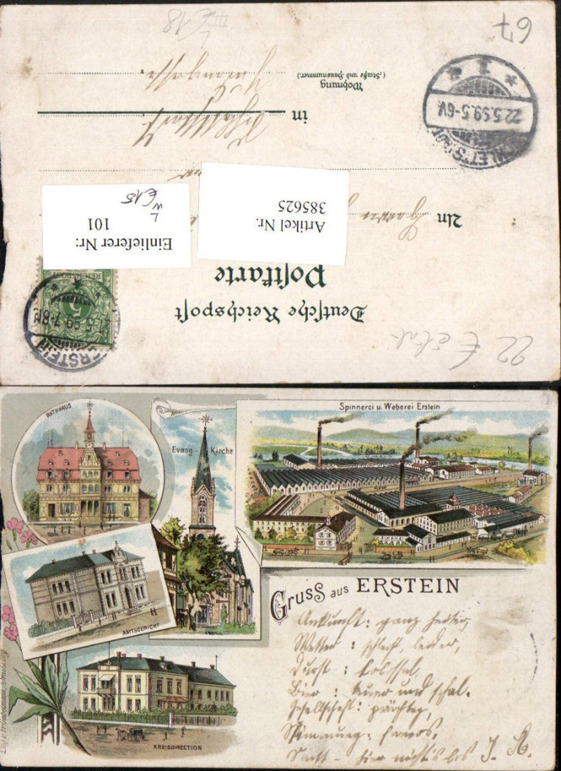 385625,Litho Gruß aus Erstein Elsass Bas-Rhin Spinnerei Weberei Rathaus Kirche Mehrbildkarte