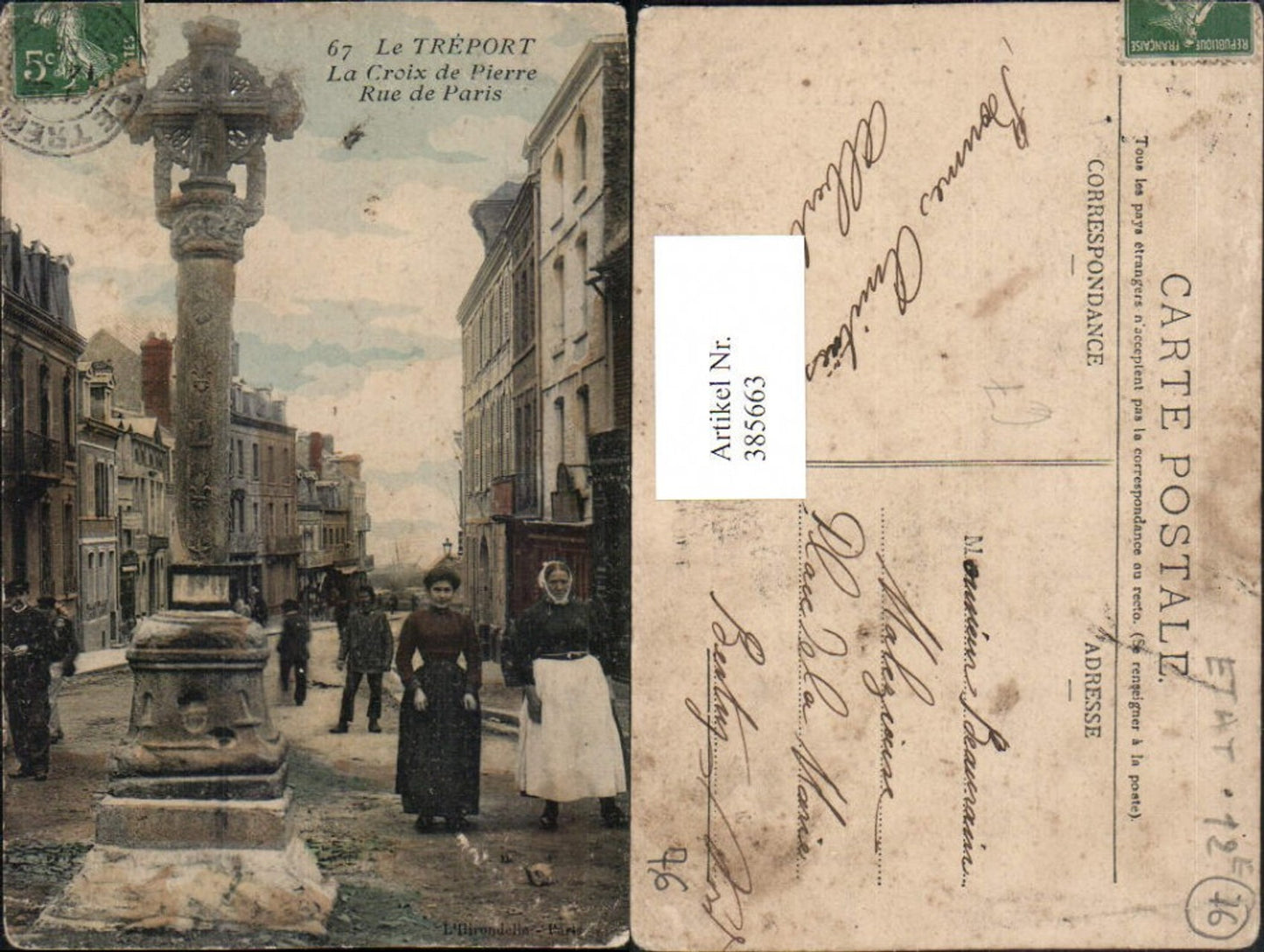 385663,Haute-Normandie Seine-Maritime Le Treport La Croix de Pierre Rue de Paris Säule