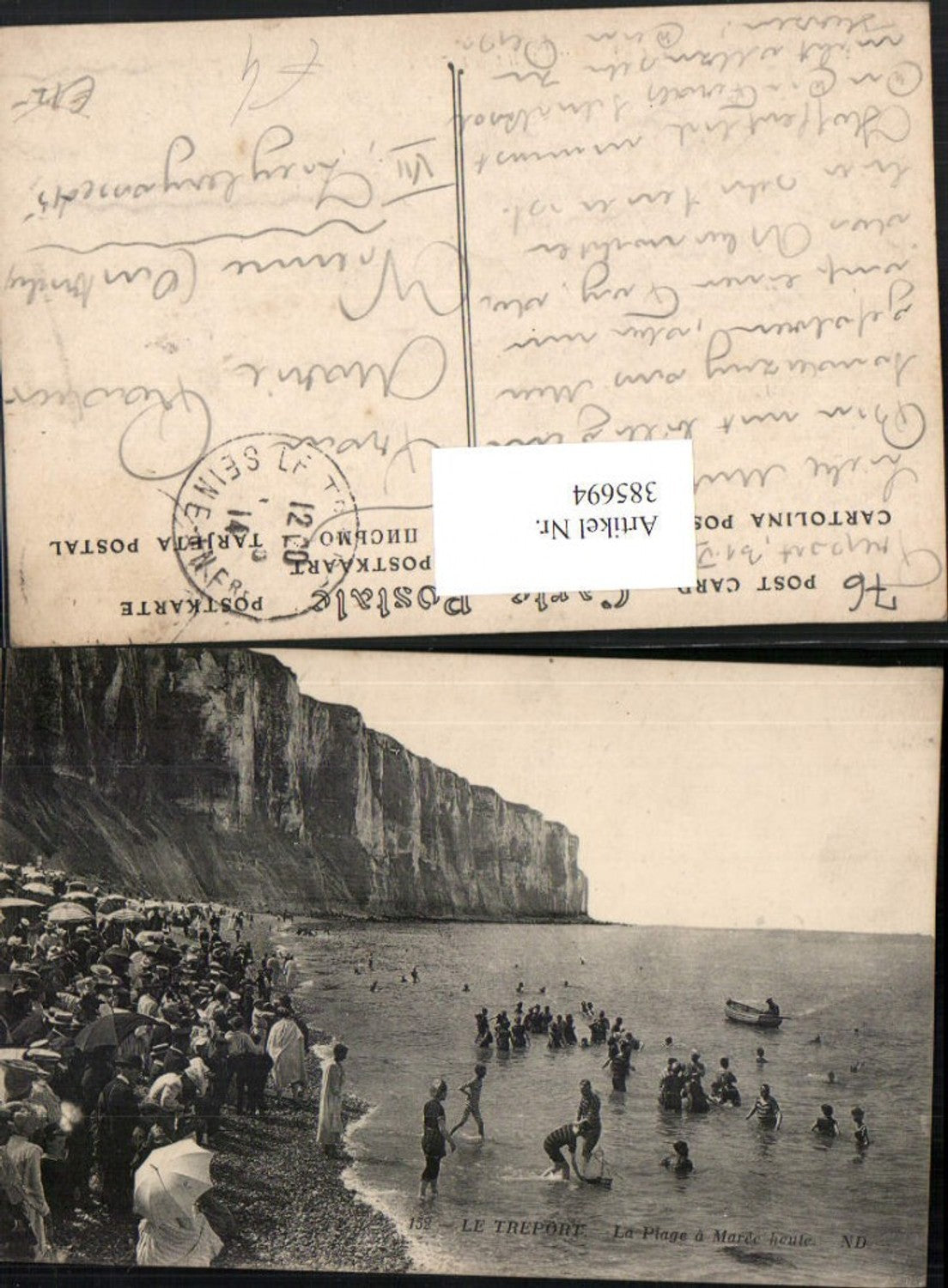 385694,Haute-Normandie Seine-Maritime Le Treport La Plage a Maree haute Strand Steilküste Klippe