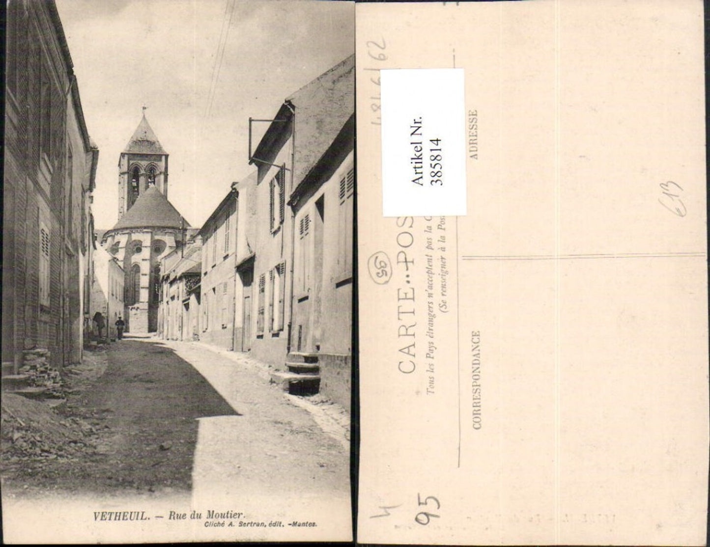 385814,Ile-de-France Val-Oise Vetheuil Rue du Moutier Straßenansicht Kirche