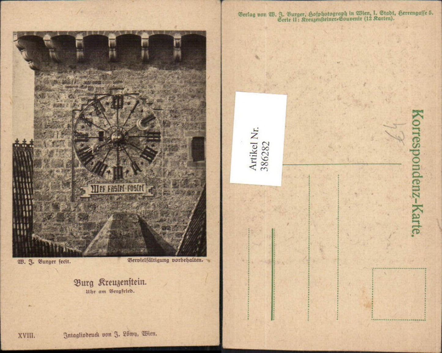 386282,Künstler AK W. J. Burger Burg Kreuzenstein b. Leobendorf Sonnenuhr Uhr am Bergfried