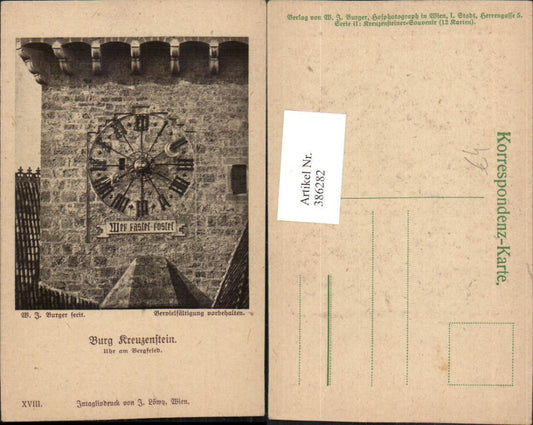 386282,Künstler AK W. J. Burger Burg Kreuzenstein b. Leobendorf Sonnenuhr Uhr am Bergfried