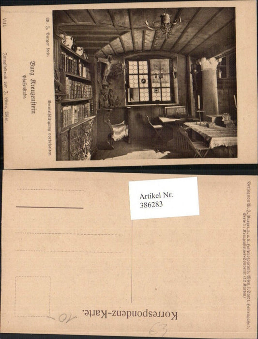 386283,Künstler AK W. J. Burger Burg Kreuzenstein b. Leobendorf Pfaffenstube Stube