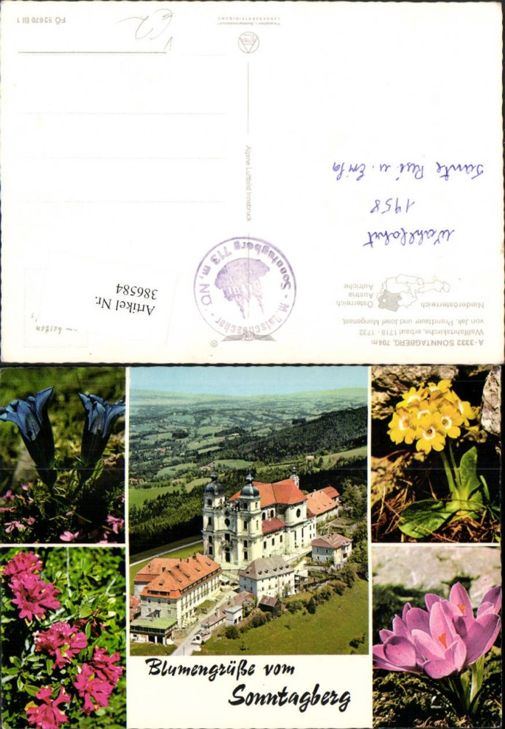 386584,Blumengruß vom Sonntagberg Basilika Kirche Mehrbildkarte pub Alpine Luftbild 52670