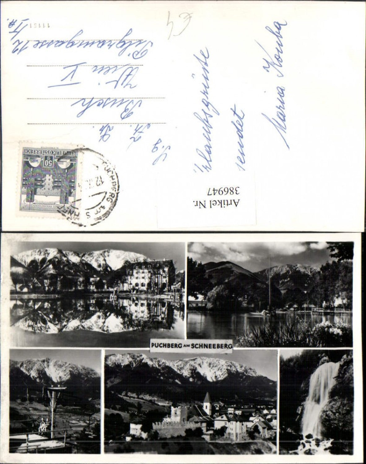 386947,Puchberg am Schneeberg Teilansicht Teich Wasserfall Sessellift Mehrbildkarte