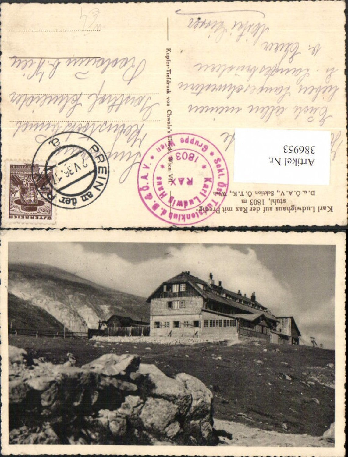 386953,Karl Ludwighaus Berghütte auf der Rax m. Predigtstuhl b. Prein