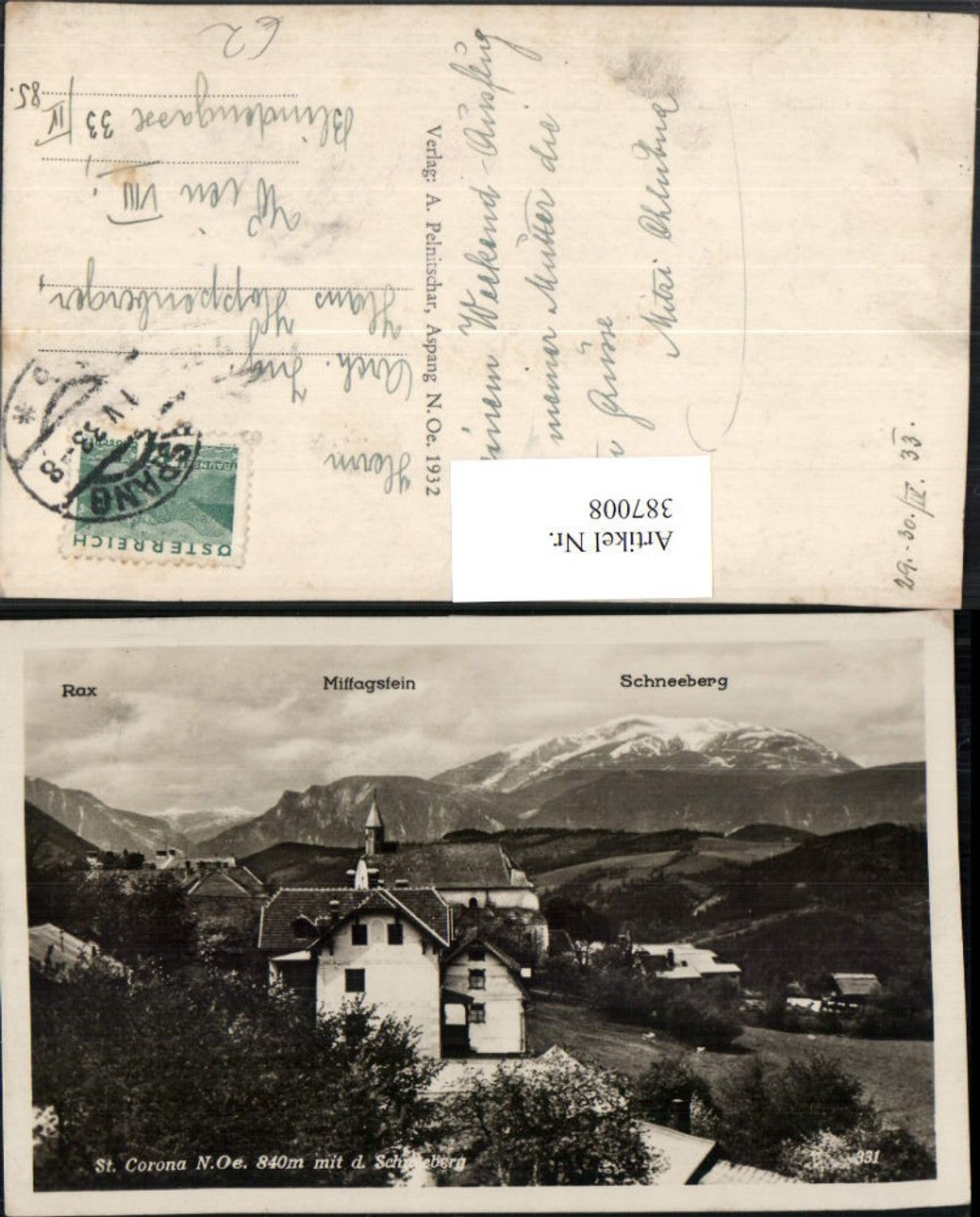 387008,St. Corona am Wechsel Teilansicht m. Schneeberg Bergkulisse
