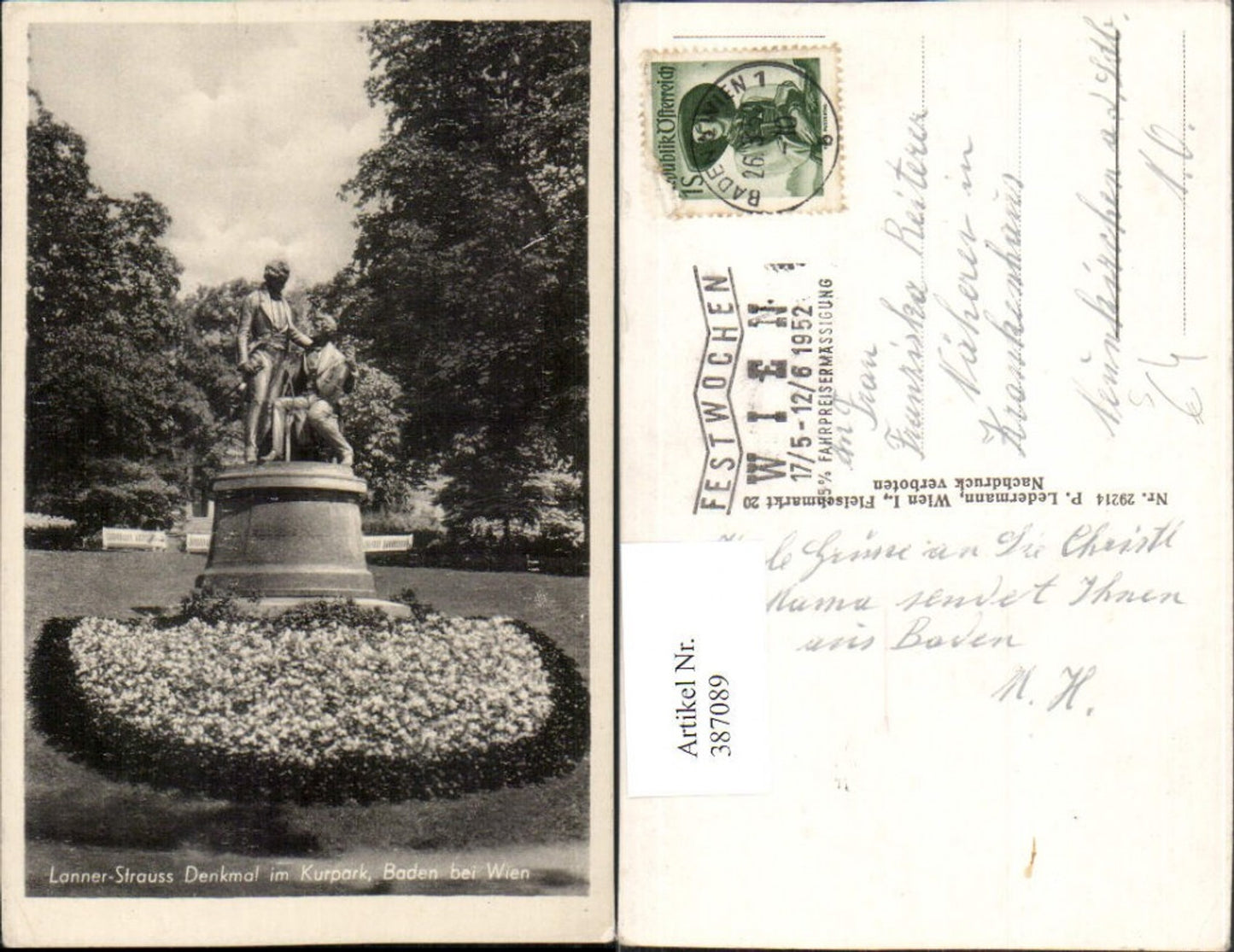 387089,Baden b. Wien Kurpark Lanner-Strauß-Denkmal Festwoche Wien 1952 Stempel