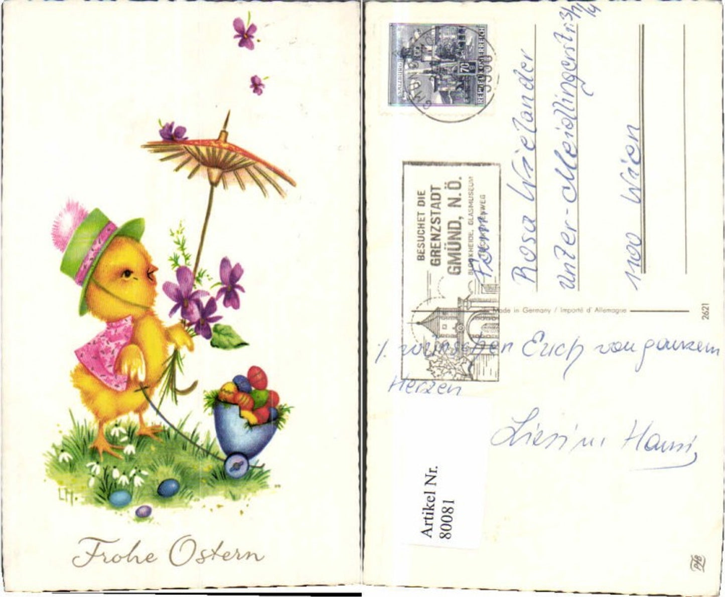 80081,Ostern Küken m. Hut Schirm vermenschlicht L.M. Sign