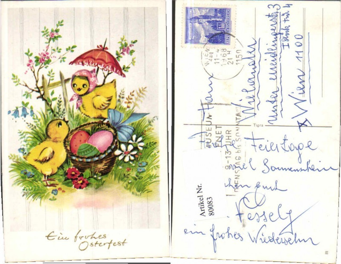 80083,Ostern Küken Osterei Schirm Hasi sign.