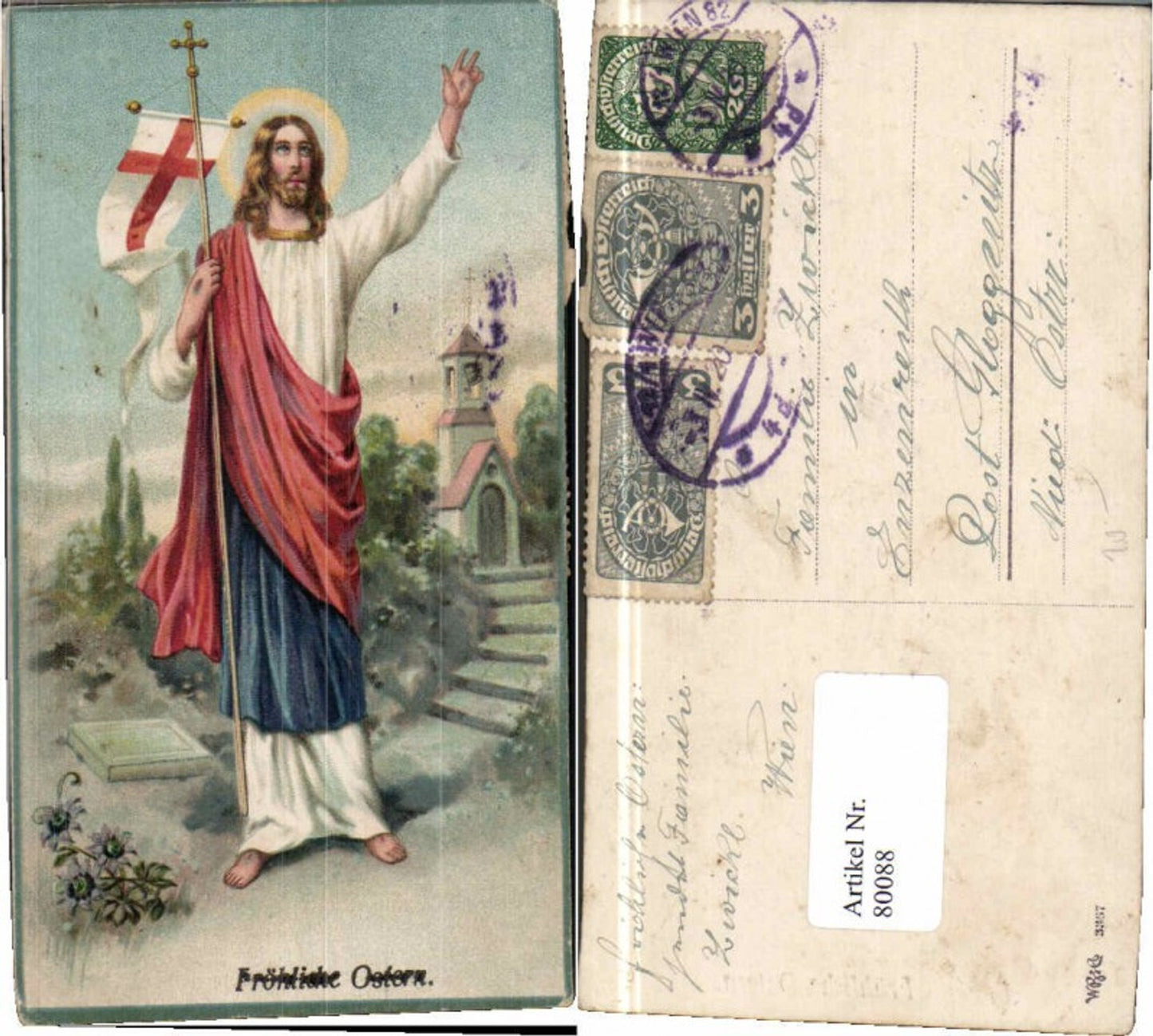 80088,Ostern Jesus m. Fahne Heiligenschein Gott