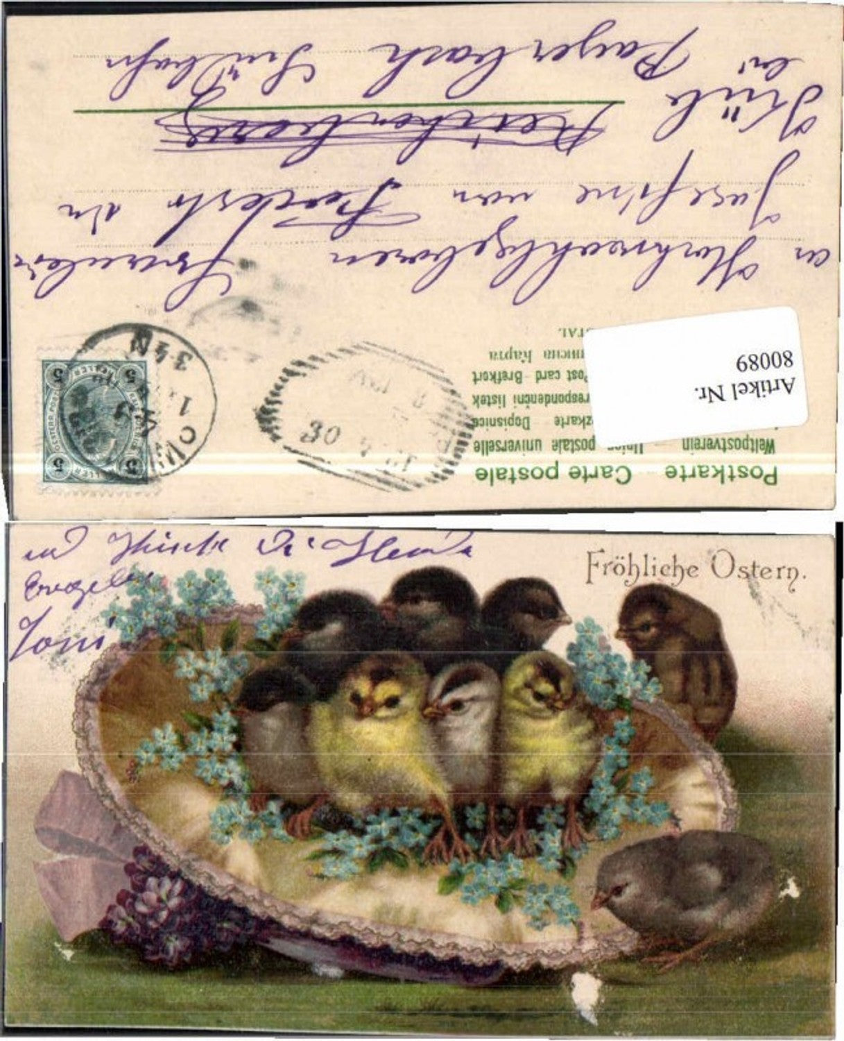 80089, Easter chick in hat flowers 1908