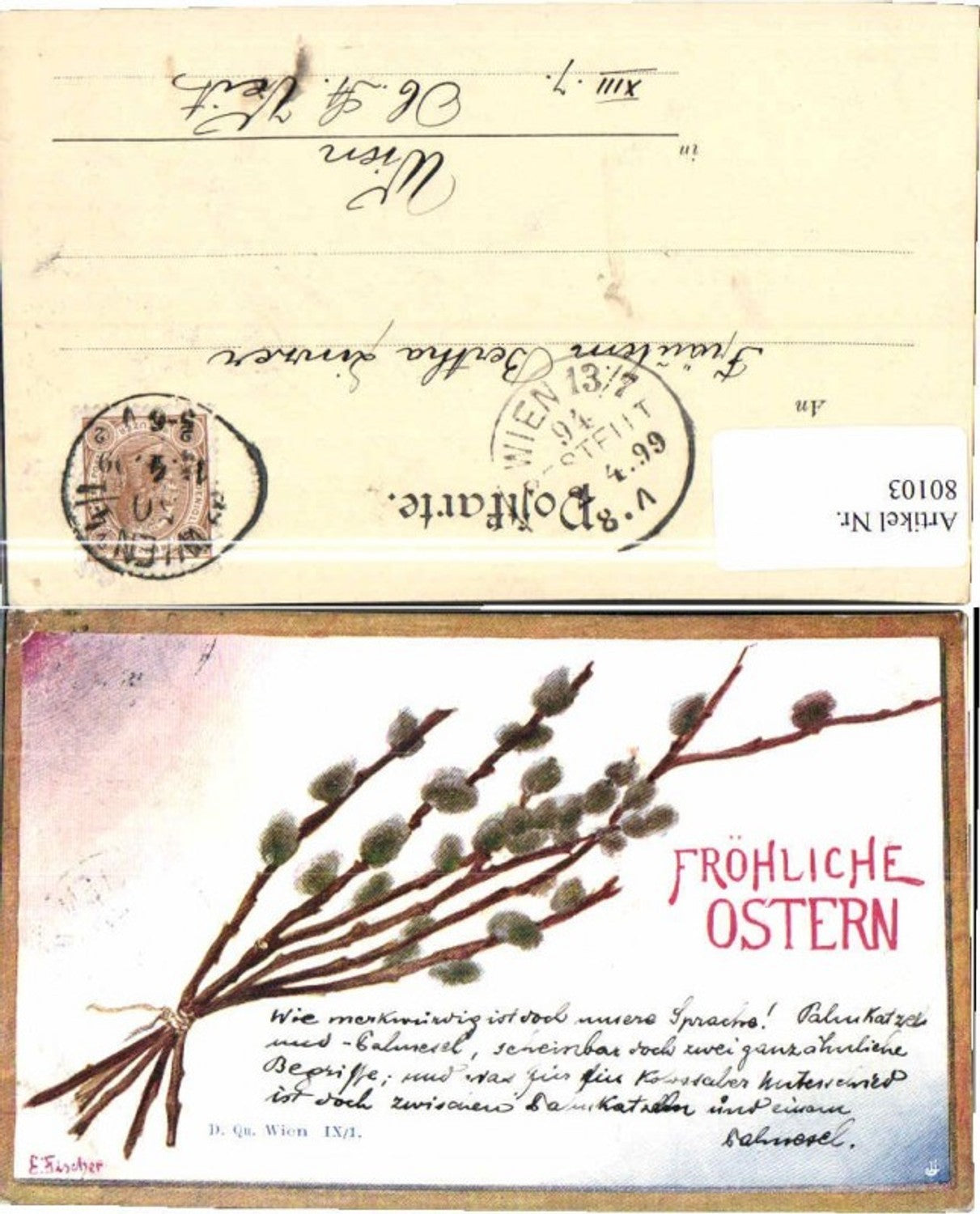 80103,Ostern Palmkätzchen E. Fischer signiert 1899