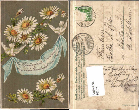 80152, embossing AK pigeons birds daisies flowers