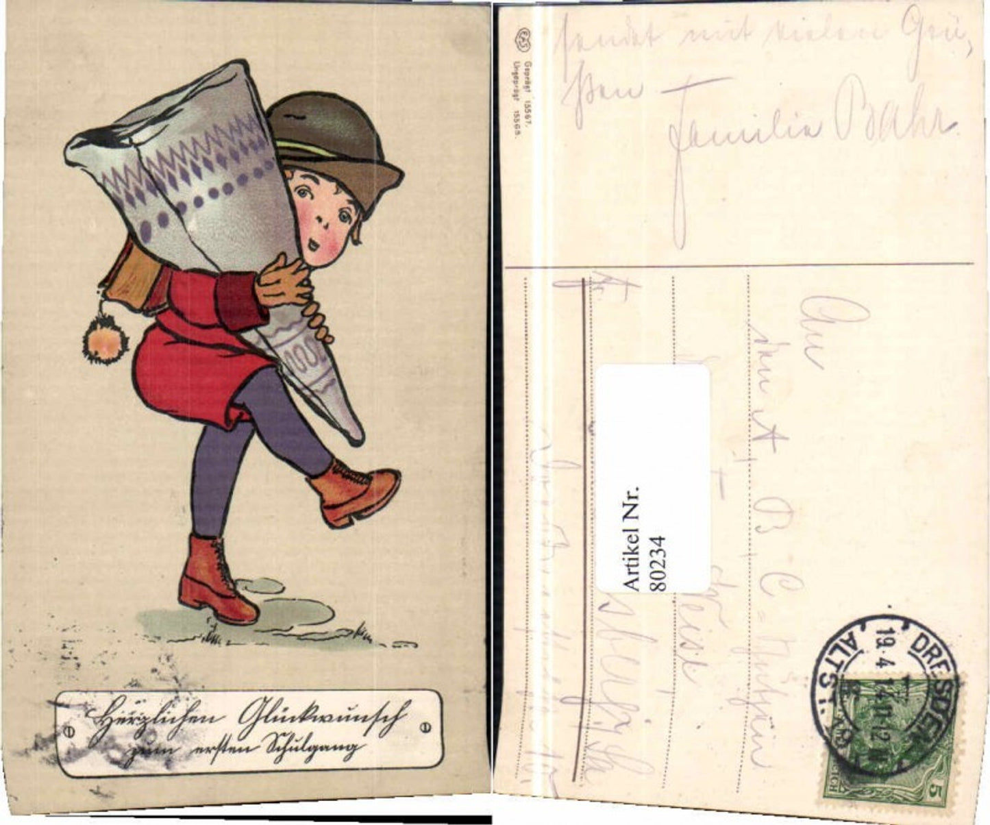 80234,EAS Karikatur Mädchen Riesen Schultüte Schulgang Einschulung